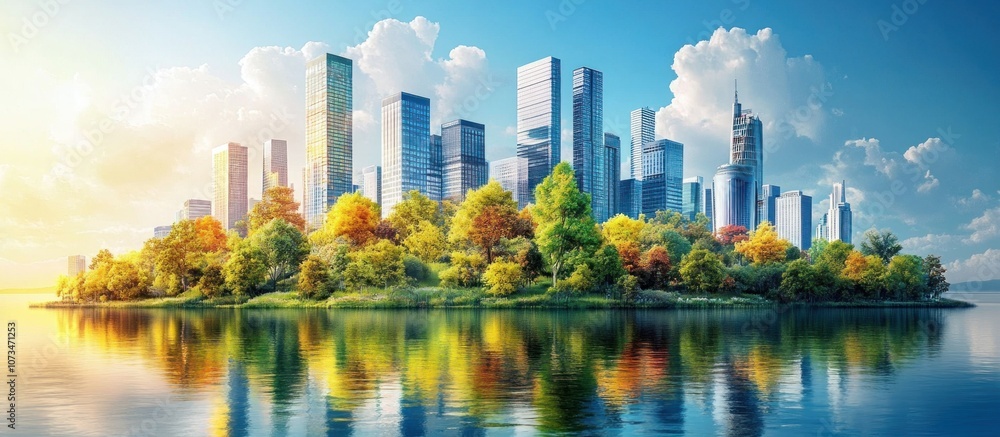 Obraz premium A serene island with lush greenery sits amidst a sprawling cityscape with tall skyscrapers reflected in the calm waters of a lake.