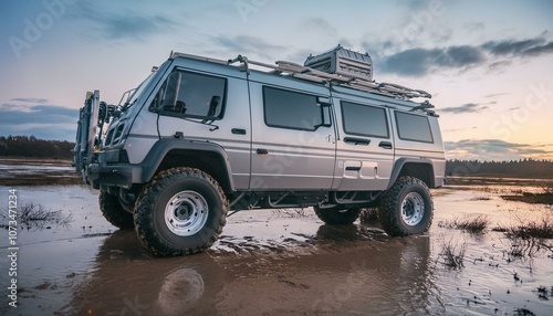 Futuristic offroad camper van in mud