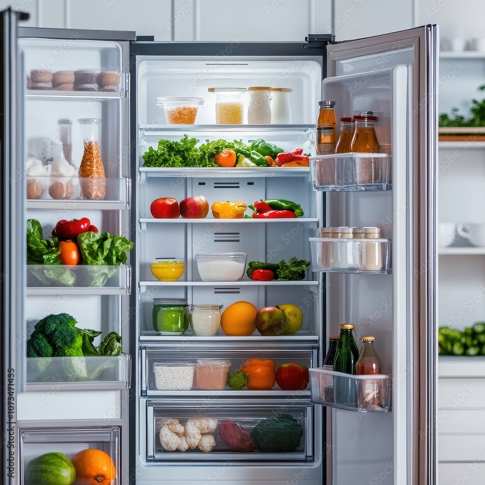 Organized fridge filled with fresh produce. Organized fridge filled with fresh produce.