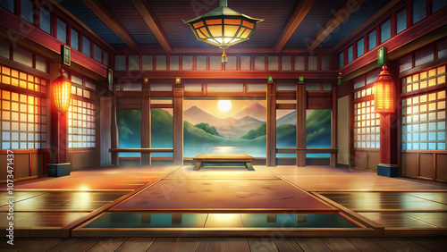 Cartoon ninja dojo with a view of mountains and a serene lake, featuring an empty space that creates a peaceful atmosphere. Background for the game.