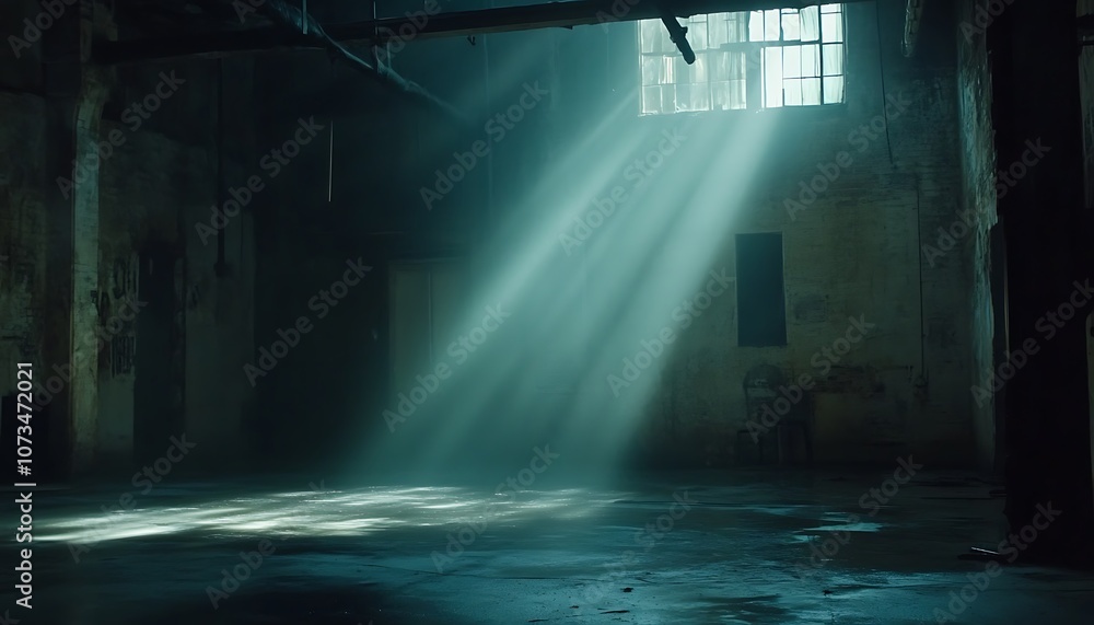 custom made wallpaper toronto digitalA dimly lit industrial space with light beams streaming through a window, creating a moody atmosphere.