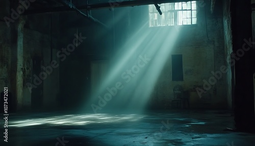Wallpaper Mural A dimly lit industrial space with light beams streaming through a window, creating a moody atmosphere. Torontodigital.ca