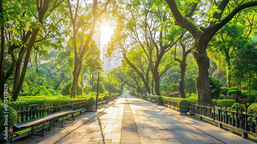 modern green urban environment of college campus with young trees and round benches