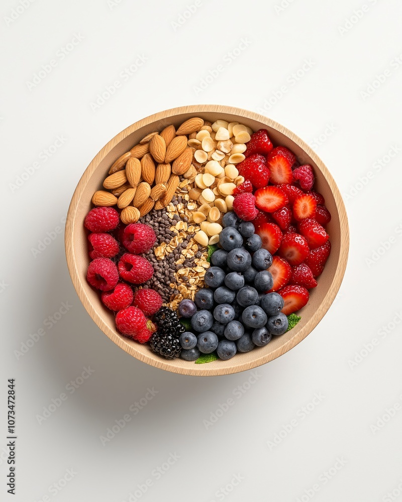 Healthy Breakfast Bowl with Berries, Nuts, and Granola on White Background Healthy Breakfast Bowl with Berries, Nuts, and Granola on White Background