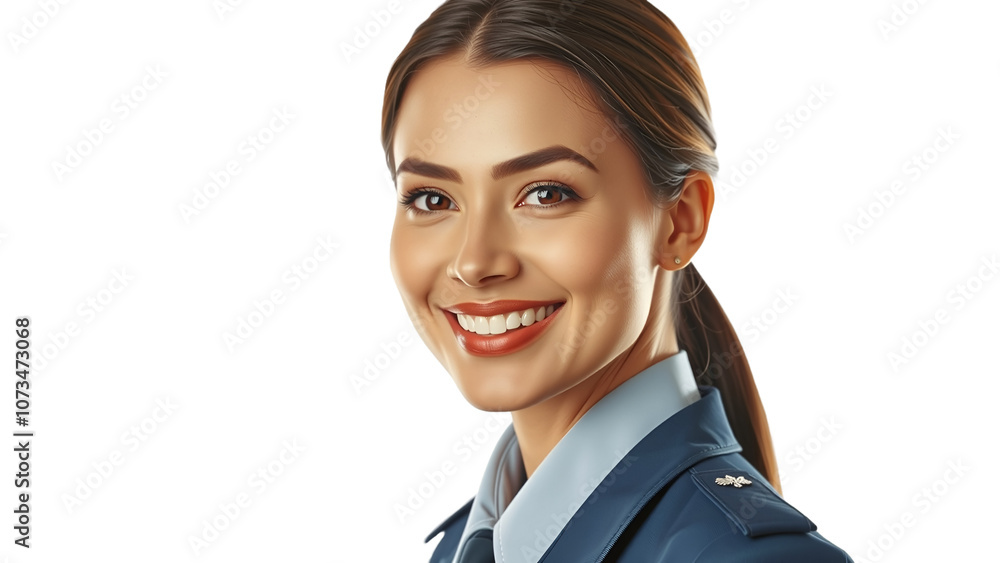 smiling elegant female stewardess on white smiling elegant female stewardess on white