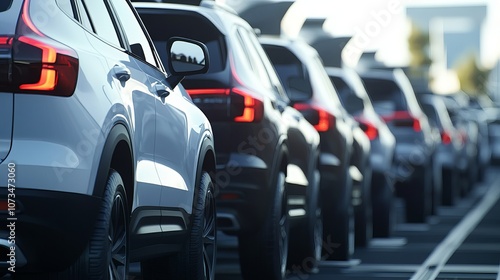 Back view many modern new SUV cars fleet stock at dealership parking lot