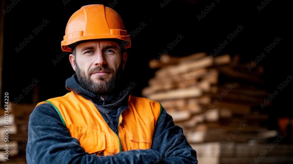 A construction worker, wearing an orange helmet and safety vest, stands with arms crossed in front of lumber stacks at a workshop, showcasing a confident demeanor and commitment to safety A construction worker, wearing an orange helmet and safety vest, stands with arms crossed in front of lumber stacks at a workshop, showcasing a confident demeanor and commitment to safety