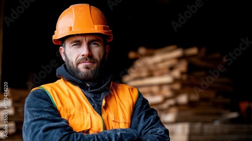 A construction worker, wearing an orange helmet and safety vest, stands with arms crossed in front of lumber stacks at a workshop, showcasing a confident demeanor and commitment to safety