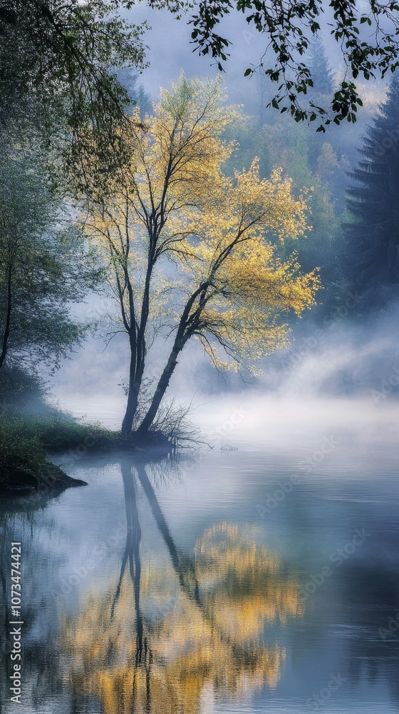 A serene lakeside scene featuring a golden tree reflecting in misty water. A serene lakeside scene featuring a golden tree reflecting in misty water.