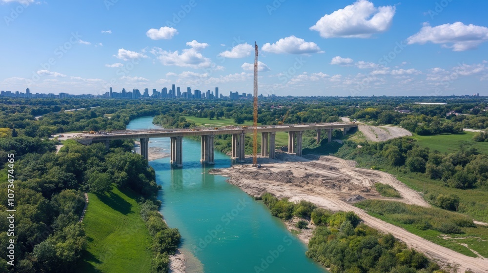 Fototapeta premium A construction site features a large bridge being built over a river, surrounded by lush greenery and a distant city skyline under a vibrant blue sky with scattered clouds