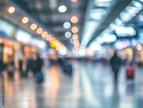 A blurry image of a busy airport with people walking around. Scene is chaotic and bustling, with people rushing to catch their flights.