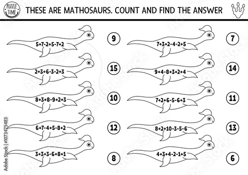 Black and white counting and matching game with cute long plesiosaurs. Dinosaur line math addition and subtraction activity for kids. Prehistoric dino printable counting worksheet, coloring page photo