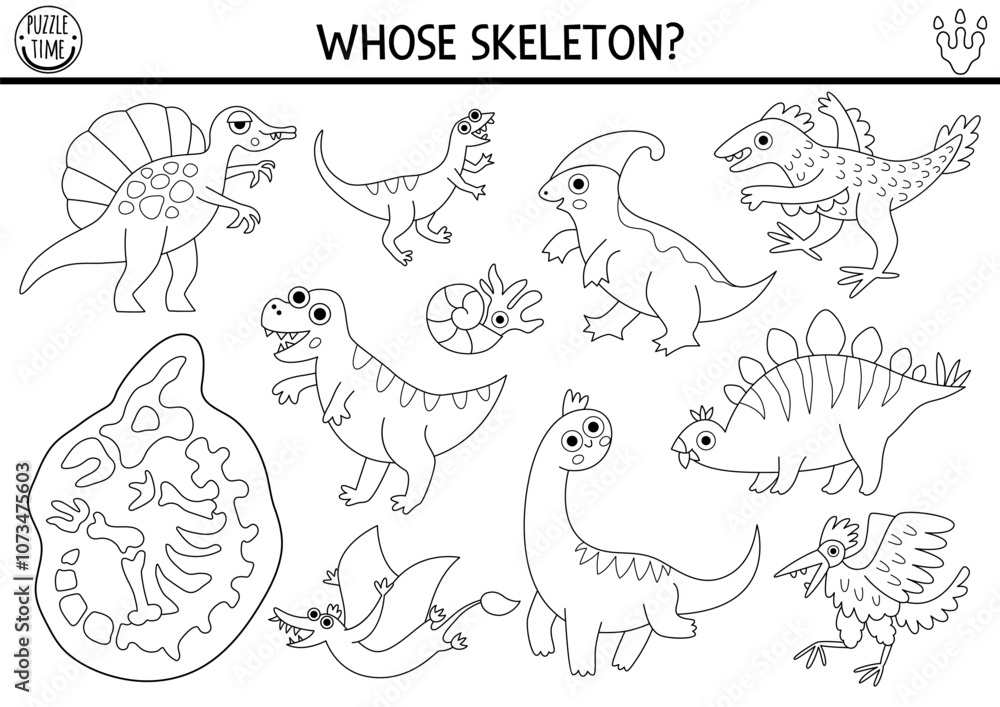Fototapeta premium Dinosaur black and white matching activity with cute animals and triceratops skeleton. Prehistoric line puzzle with T-rex. Match and circle bone game. Dino printable worksheet, coloring page
