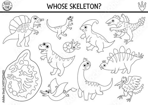 Dinosaur black and white matching activity with cute animals and triceratops skeleton. Prehistoric line puzzle with T-rex. Match and circle bone game. Dino printable worksheet, coloring page