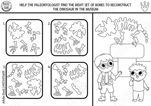 Dinosaur black and white matching and logical activity. Assemble the dino bones puzzle. Match the parts and whole object printable worksheet. Paleontology museum game, coloring page