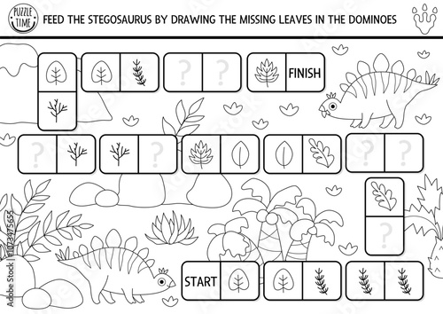 Vector black and white dinosaur domino puzzle for kids with pictures. Prehistoric shape recognition line quiz. Maze, drawing, matching and logic activity with stegosaur and leaves. Draw missing object