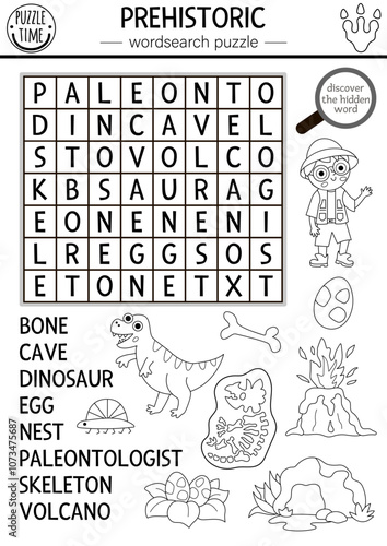 Vector black and white dinosaur wordsearch puzzle for kids. Word search dino line quiz. Educational activity with paleontologist, skeleton, volcano, egg, cave. Cross word with prehistoric scene