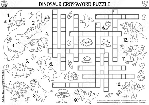 Vector black and white crossword puzzle for kids with dinosaur names. Line quiz for children. Educational activity with T-rex, triceratops, stegosaur. Cute cross word with prehistoric animal