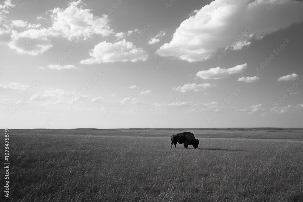 Solitary Buffalo Roaming the Expansive Prairie Solitary Buffalo Roaming the Expansive Prairie