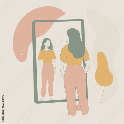 Stylish mirror reflection of woman in modern art style