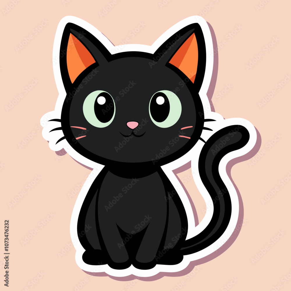 Fototapeta premium Adorable black cat sticker with orange background