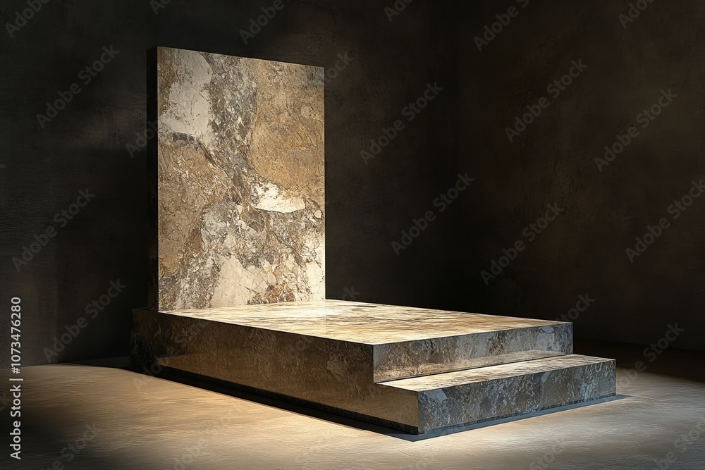 A 3D stone podium with dramatic shadow lighting, showcasing a rugged and natural aesthetic with muted earth tones, ideal for earthy and sophisticated visual displays A 3D stone podium with dramatic shadow lighting, showcasing a rugged and natural aesthetic with muted earth tones, ideal for earthy and sophisticated visual displays