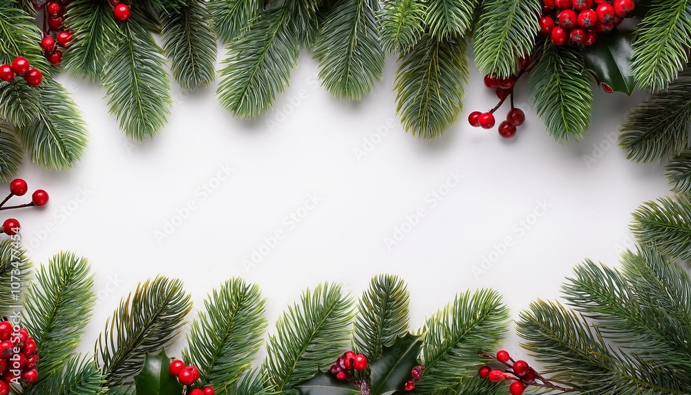 Christmas and New Year border of realistic branches of Christmas tree and holly berries Christmas and New Year border of realistic branches of Christmas tree and holly berries