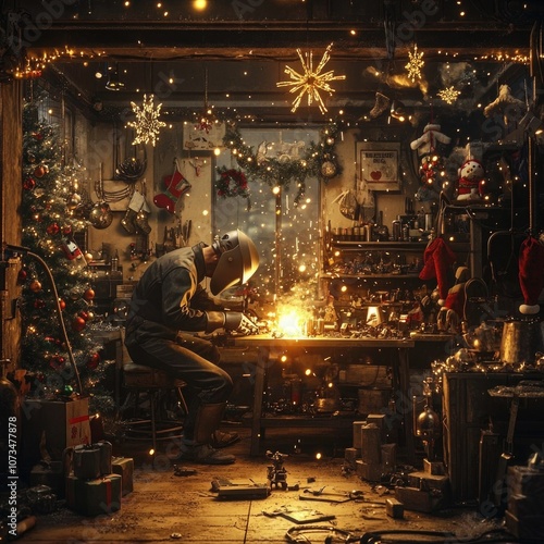 Christmas workshop: welder crafting festive magic in cozy holiday setting