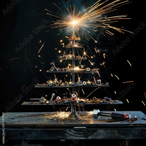 Industrial christmas tree made of tools and sparkler showcasing holiday creativity