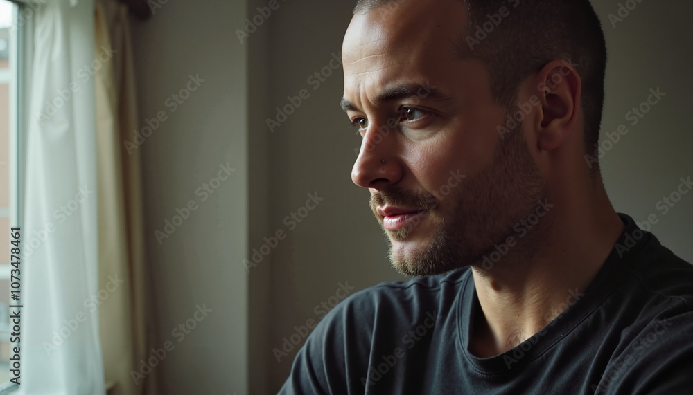 Obraz premium Thoughtful young man undergoing cancer treatment gazing out the window in serene environment