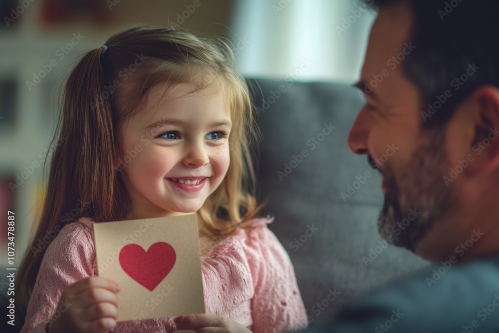 A joyful moment shared between a father and daughter. The girl holds a heart drawing, showing love and connection. Capture family warmth in every frame. Generative AI A joyful moment shared between a father and daughter. The girl holds a heart drawing, showing love and connection. Capture family warmth in every frame. Generative AI