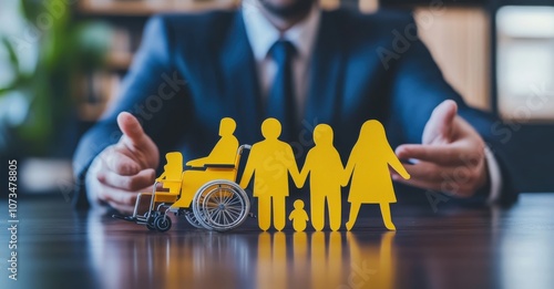 Businessman protecting yellow figurine family with wheelchair, symbolizing family support and inclusivity
