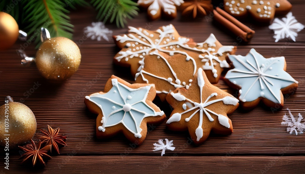 Fototapeta premium Christmas cookies with icing on wooden background
