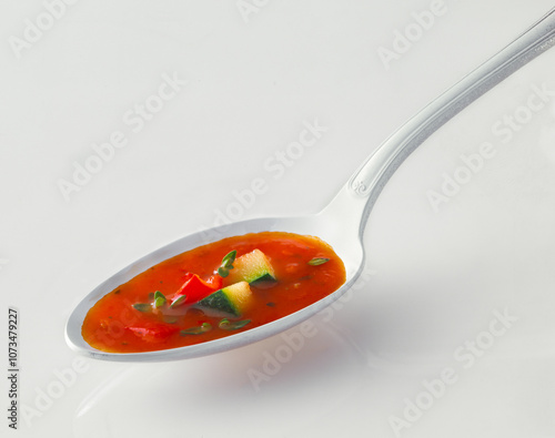 A single spoon loaded with vibrant Tomato soup on a white surface. showcasing diced vegetables like peppers and zucchini in a rich broth. Isolated on white