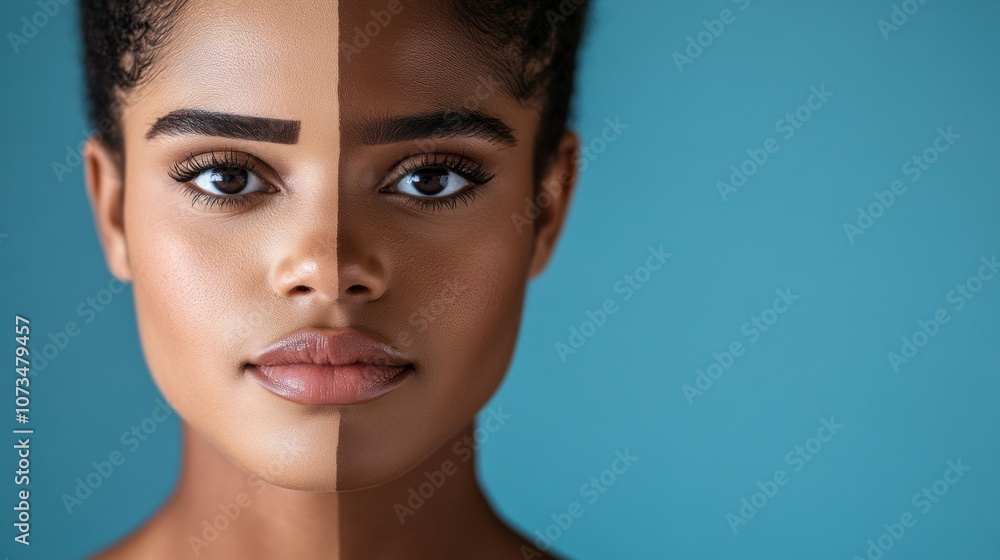 Split face of a Black woman highlights makeup effects on skin tone, AI Split face of a Black woman highlights makeup effects on skin tone, AI