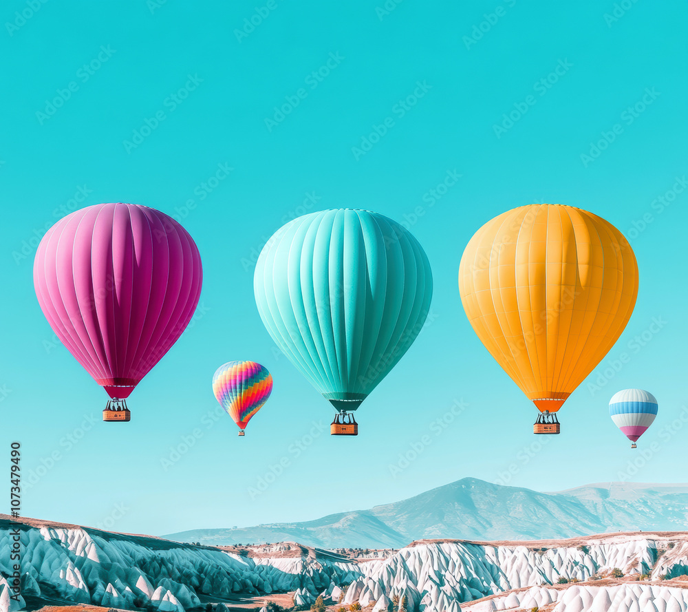 Fototapeta premium Experience the breathtaking beauty of colorful hot air balloons soaring through a clear, turquoise sky, capturing the essence of adventure and serenity in this stunning landscape.