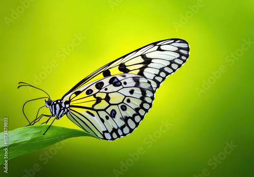 This exquisite butterfly showcases intricate black and white patterns against a soft green background, embodying nature's delicate beauty and the magic of transformation in the insect world. photo