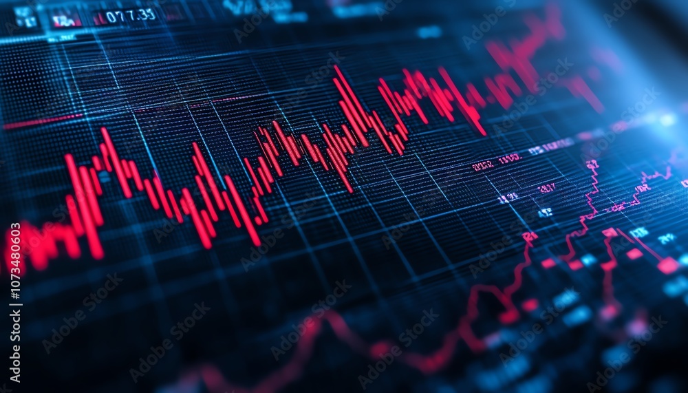 Blue background with a stock chart and arrows pointing upward and downward, illustrating business performance, growth, and market analysis trends Blue background with a stock chart and arrows pointing upward and downward, illustrating business performance, growth, and market analysis trends