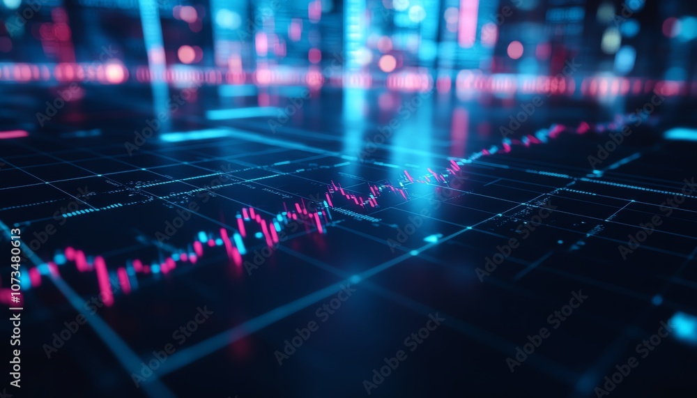 Blue background with a stock chart and arrows pointing upward and downward, illustrating business performance, growth, and market analysis trends Blue background with a stock chart and arrows pointing upward and downward, illustrating business performance, growth, and market analysis trends