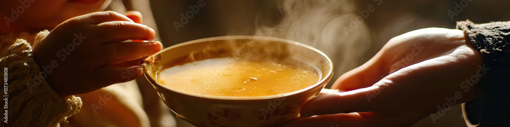 A mother tenderly feeding a young child, with a bowl of warm, steaming soup in the center of the frame. A mother tenderly feeding a young child, with a bowl of warm, steaming soup in the center of the frame.