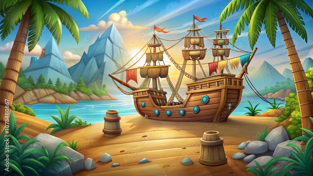 Fototapeta premium Cartoon pirate ship on a beach with palm trees in the background, creating a lighthearted and playful atmosphere. Background for the game.