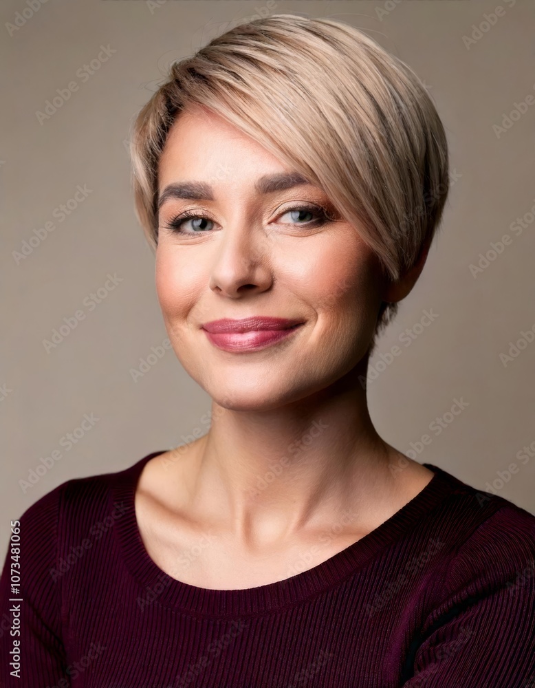 Confident and Radiant: A young woman with a short, blonde pixie cut exudes confidence and joy with a warm, genuine smile. Confident and Radiant: A young woman with a short, blonde pixie cut exudes confidence and joy with a warm, genuine smile.