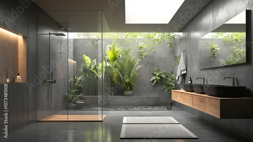 Spacious bathroom in gray tones with heated floors, walk-in shower, double sink vanity and skylights