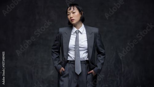 A stylish woman in an oversized dark suit and tie with hands in pockets stands against a dark background, exuding confidence and a modern, edgy vibe.