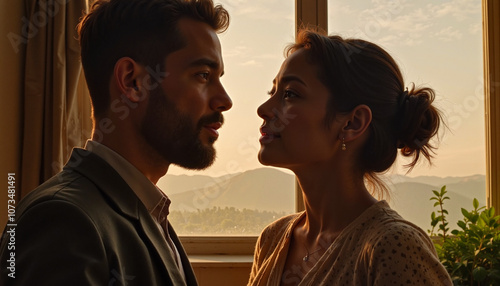 Couple sharing a heartfelt moment with a dramatic backdrop, asking 