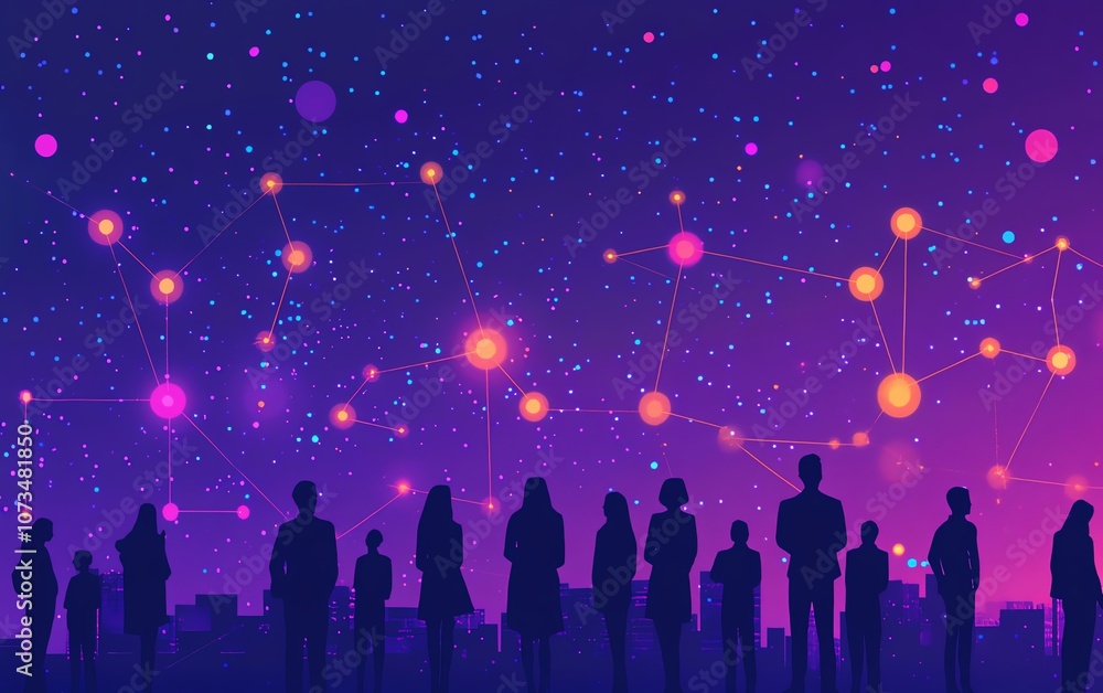 People silhouettes creating a network connection on a purple background, showcasing technologydriven relationships and communication People silhouettes creating a network connection on a purple background, showcasing technologydriven relationships and communication