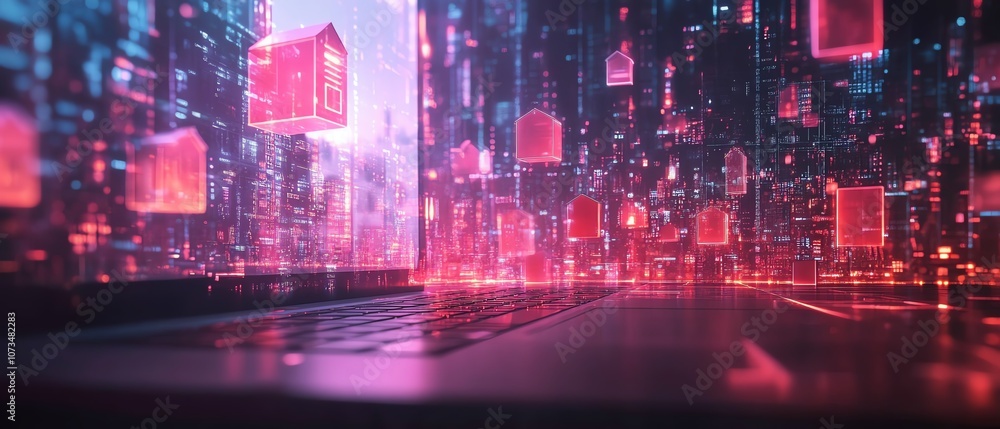 Fototapeta premium Real estate marketing through social media on a laptop, with floating digital houses above, symbolizing the promotion of commercial properties online