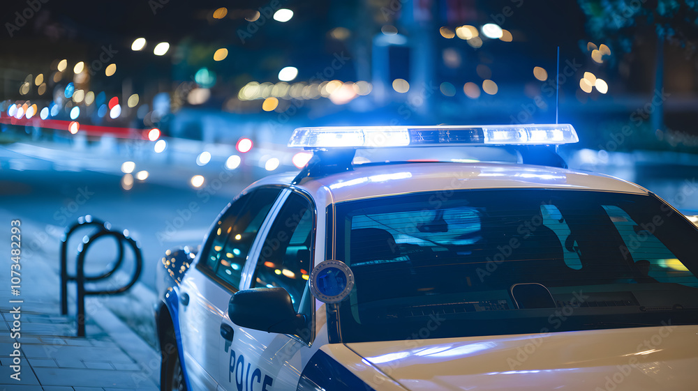 Police car with flashing lights parked on a city street at night, signaling an event or incident in the urban area Police car with flashing lights parked on a city street at night, signaling an event or incident in the urban area