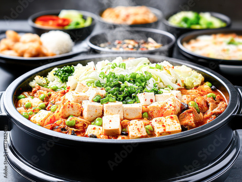 A large bowl of food with a lot of vegetables and tofu