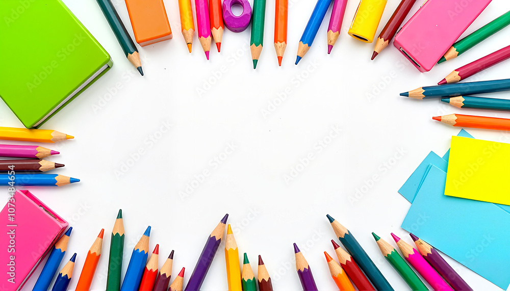 Fototapeta premium Colorful pencils and stationery items arranged in a creative layout with copy space for school theme